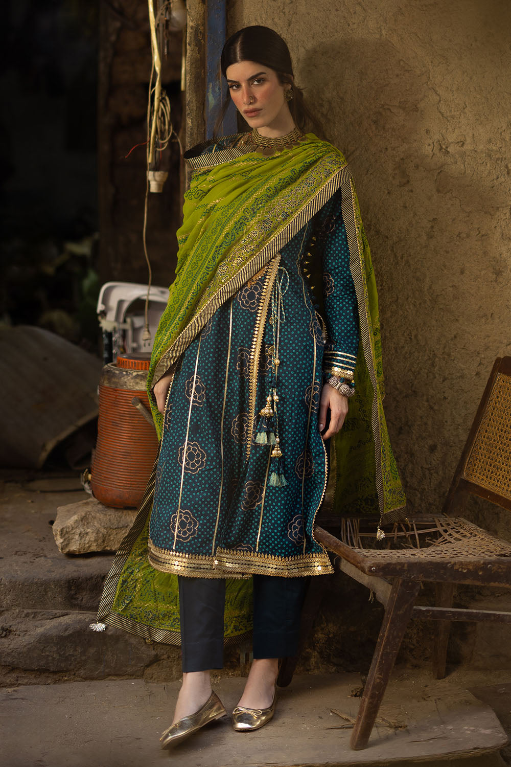 3 Piece Gold and Lacquer Printed Lawn Suit with Gold and Lacquer Printed Chiffon Dupatta and Dyed Trouser BM-62025
