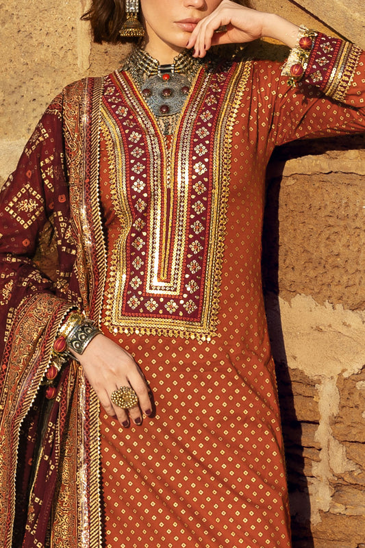 3 Piece Gold Printed Lawn Suit with Gold and Lacquer Printed Chiffon Dupatta and Dyed Trouser BM-62026