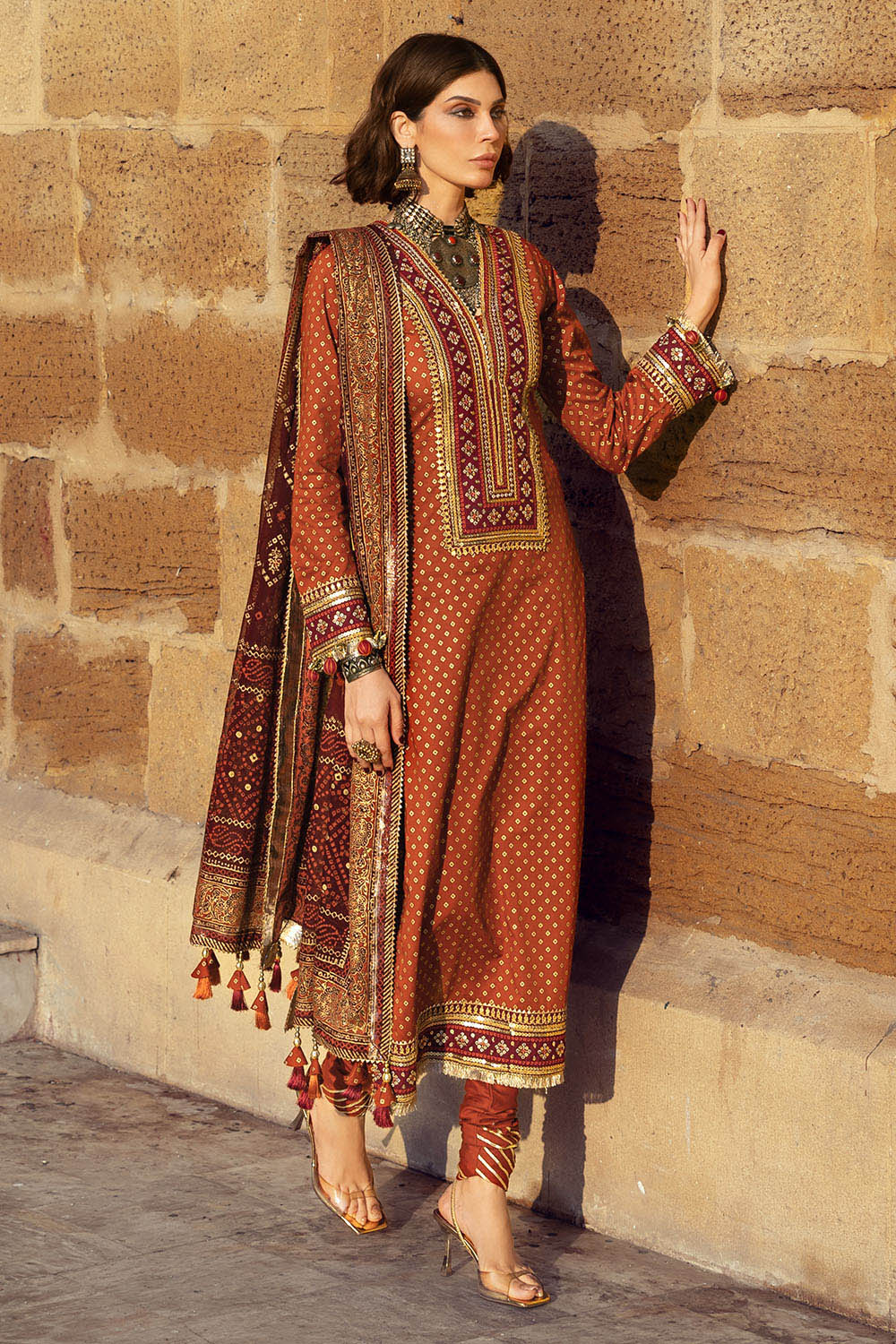 3 Piece Gold Printed Lawn Suit with Gold and Lacquer Printed Chiffon Dupatta and Dyed Trouser BM-62026
