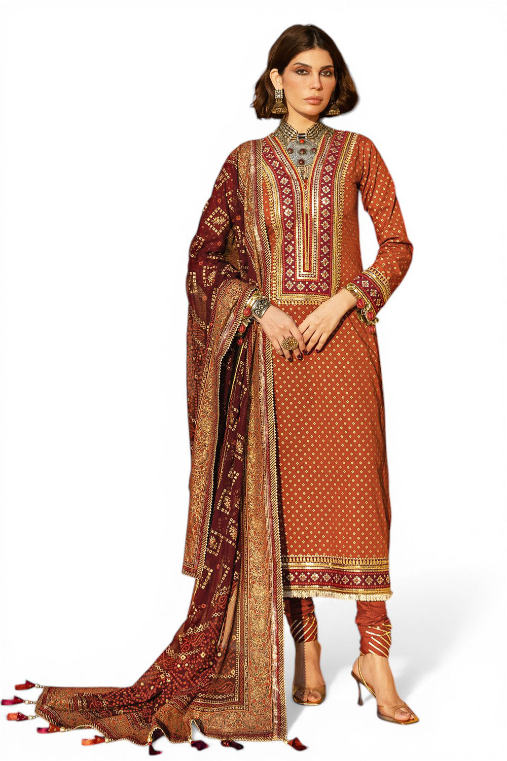 3 Piece Gold Printed Lawn Suit with Gold and Lacquer Printed Chiffon Dupatta and Dyed Trouser BM-62026