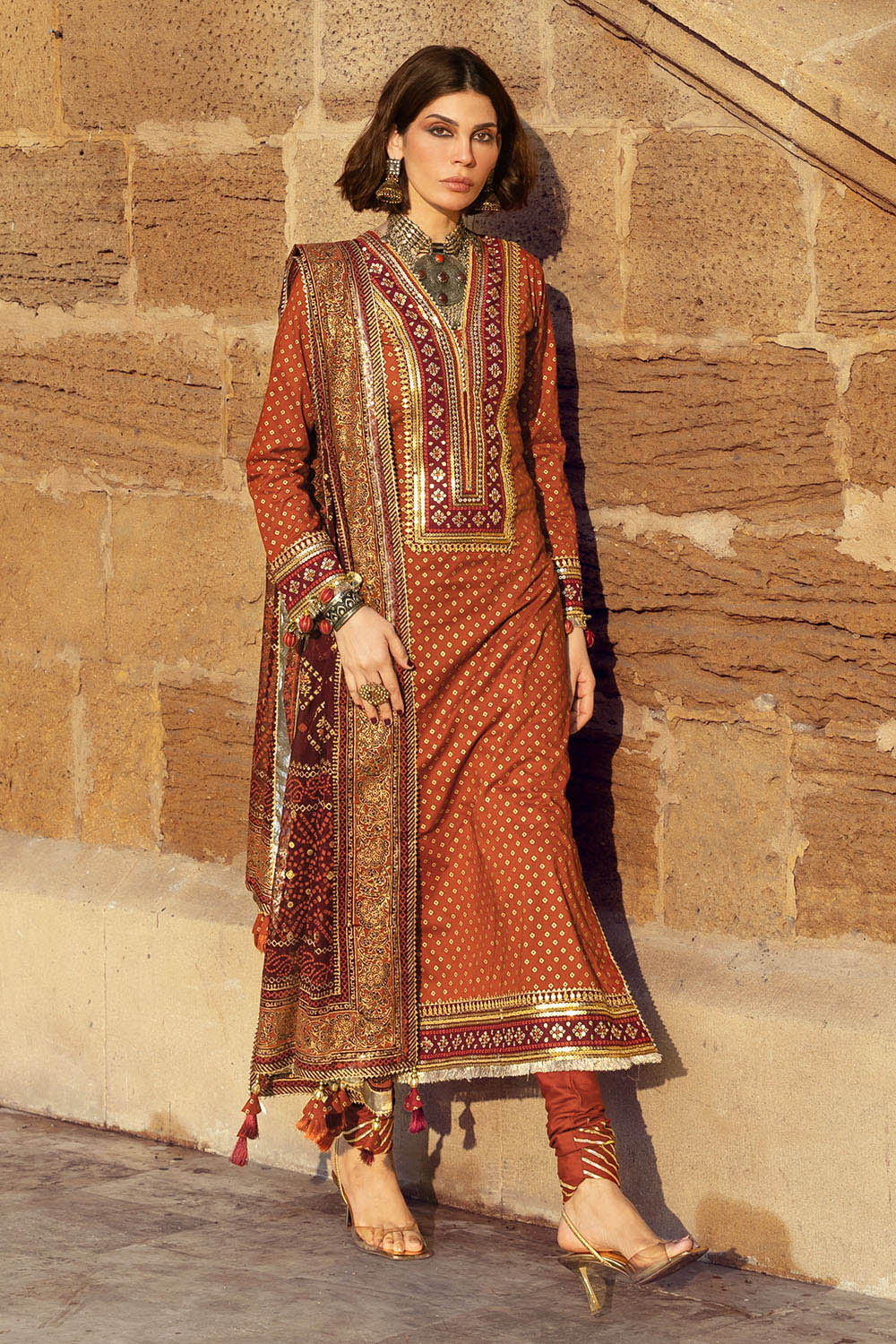 3 Piece Gold Printed Lawn Suit with Gold and Lacquer Printed Chiffon Dupatta and Dyed Trouser BM-62026