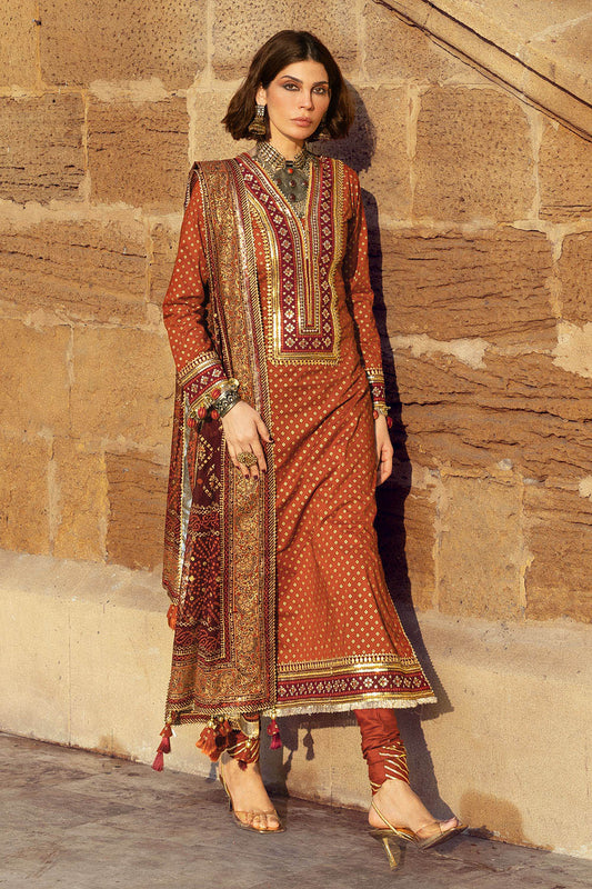 3 Piece Gold Printed Lawn Suit with Gold and Lacquer Printed Chiffon Dupatta and Dyed Trouser BM-62026