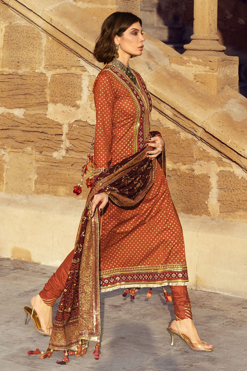 3 Piece Gold Printed Lawn Suit with Gold and Lacquer Printed Chiffon Dupatta and Dyed Trouser BM-62026