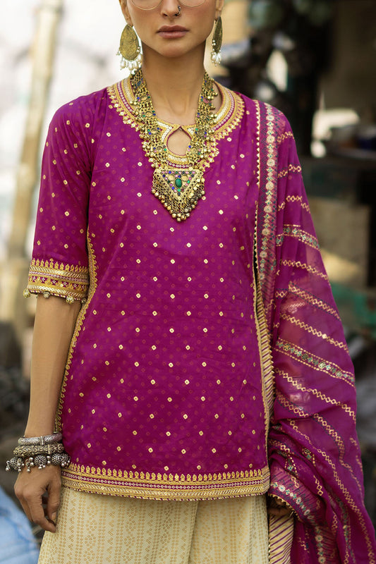3 Piece Gold and Lacquer Printed Lawn Gharara Suit with Gold and Lacquer Printed Chiffon Dupatta and Embroidered Lace SP-62012