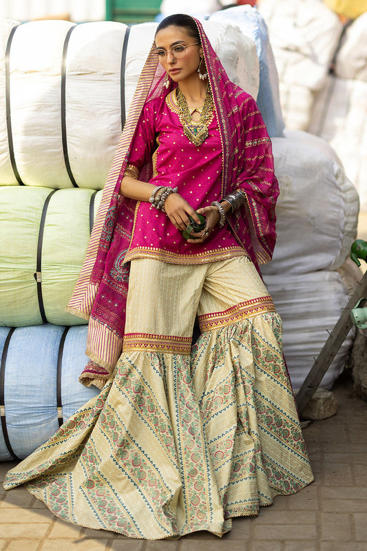 3 Piece Gold and Lacquer Printed Lawn Gharara Suit with Gold and Lacquer Printed Chiffon Dupatta and Embroidered Lace SP-62012