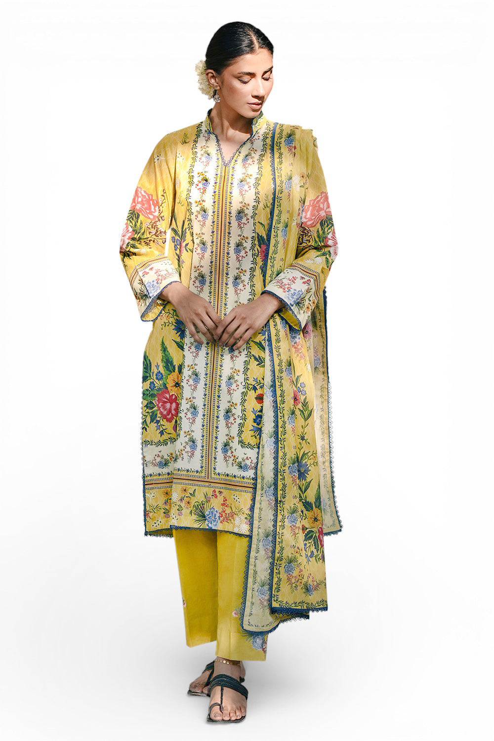 3 Piece Printed Lawn Suit with Embroidered Lace and Bunches CL-62276