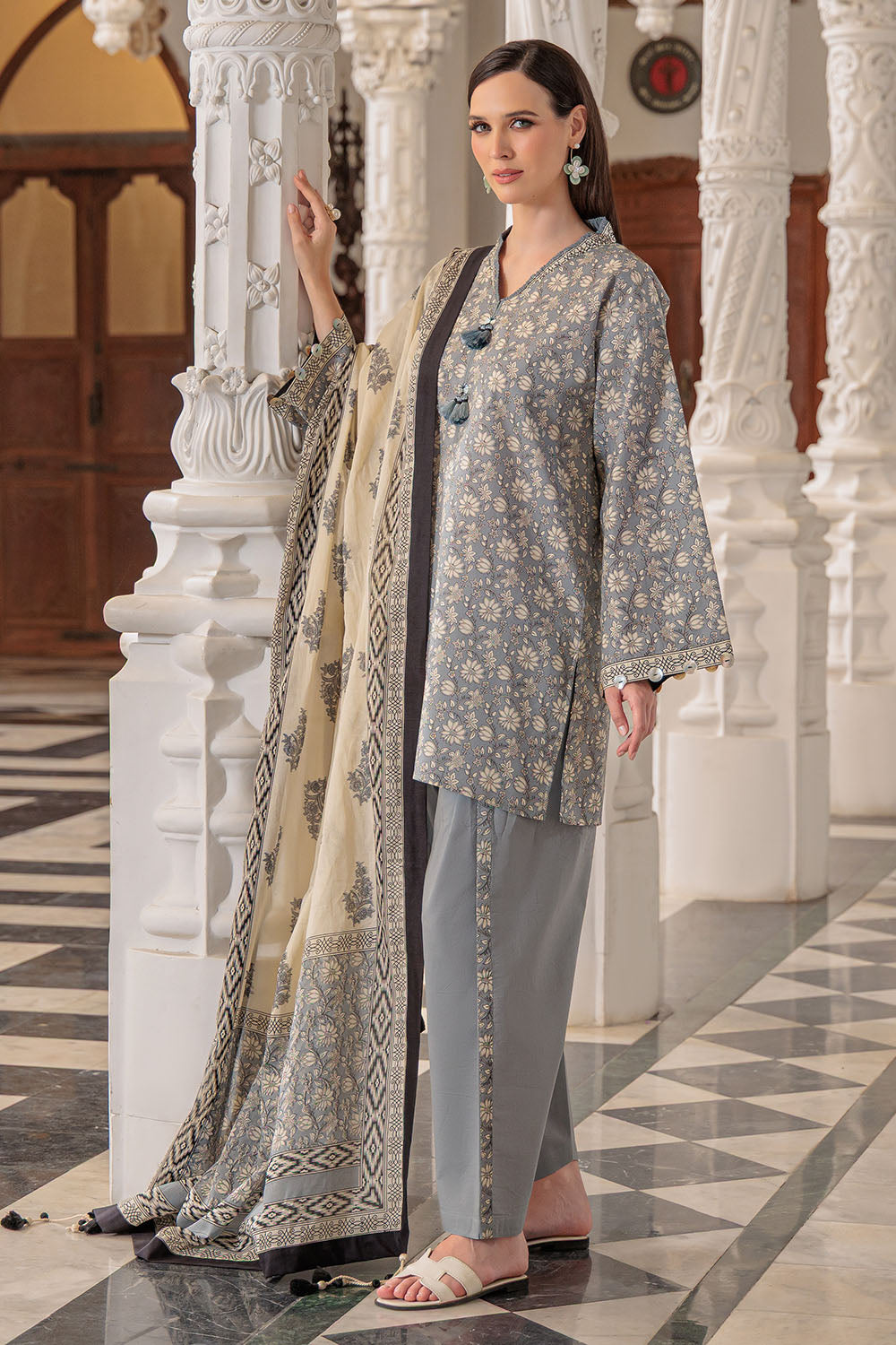 3 Piece Printed Lawn Suit and Dyed Trouser  CL-62085 B