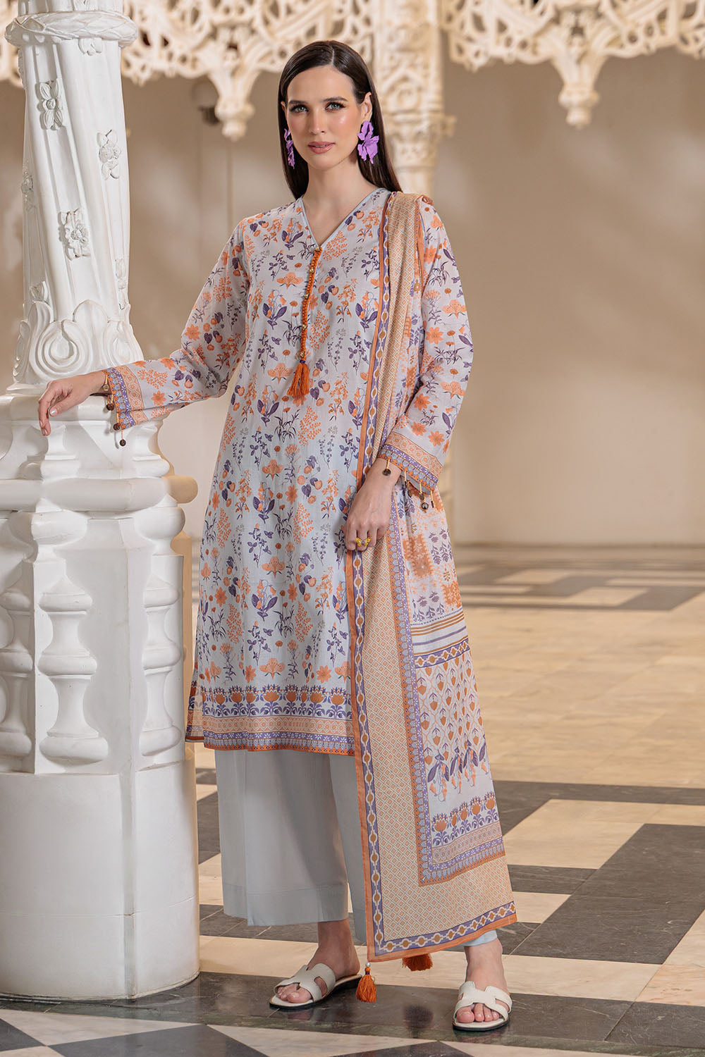 3 Piece Printed Lawn Suit and Dyed Trouser  CL-62121 B