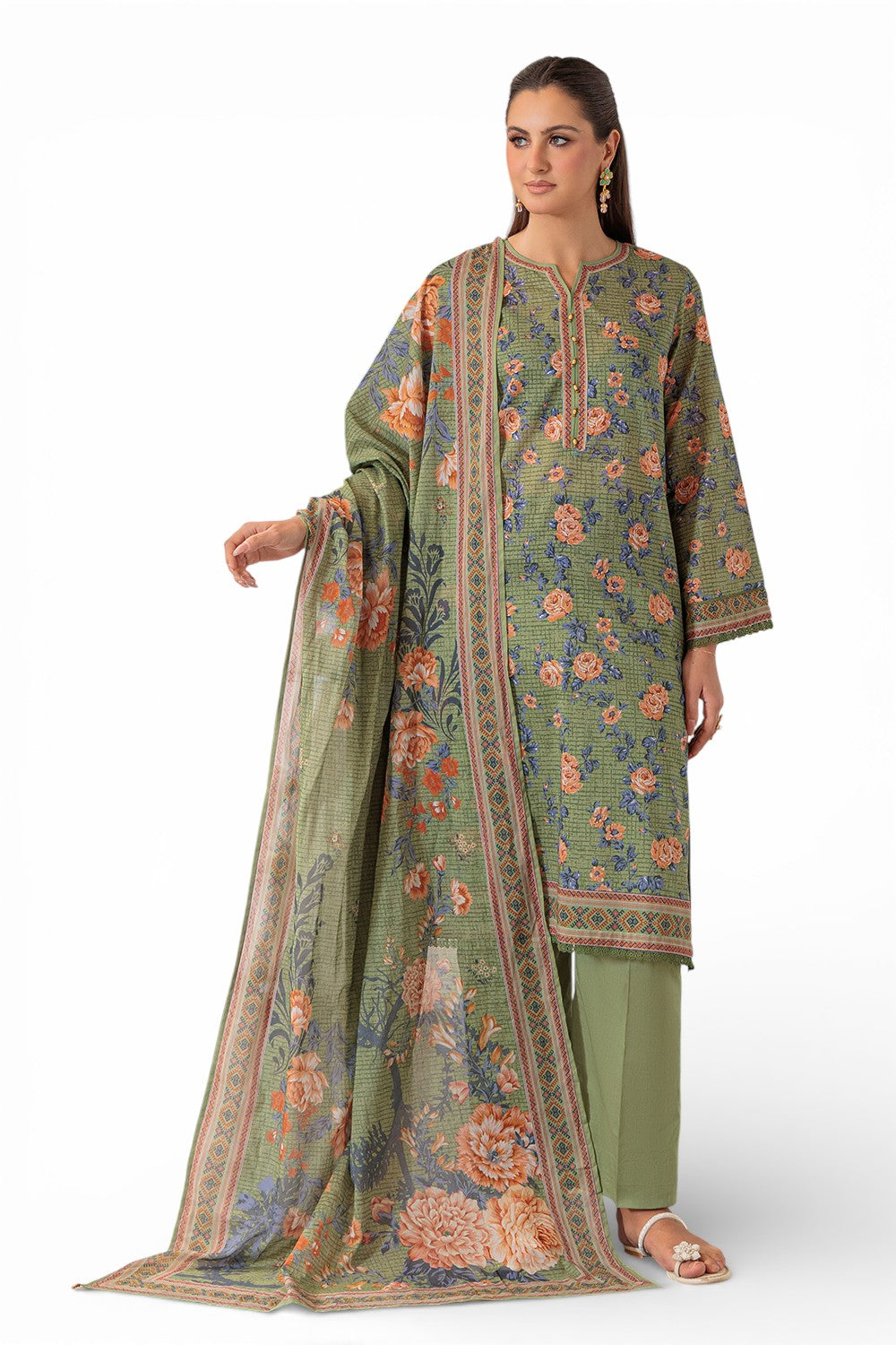 3 Piece Printed Lawn Suit and Dyed Trouser  CL-62136 B