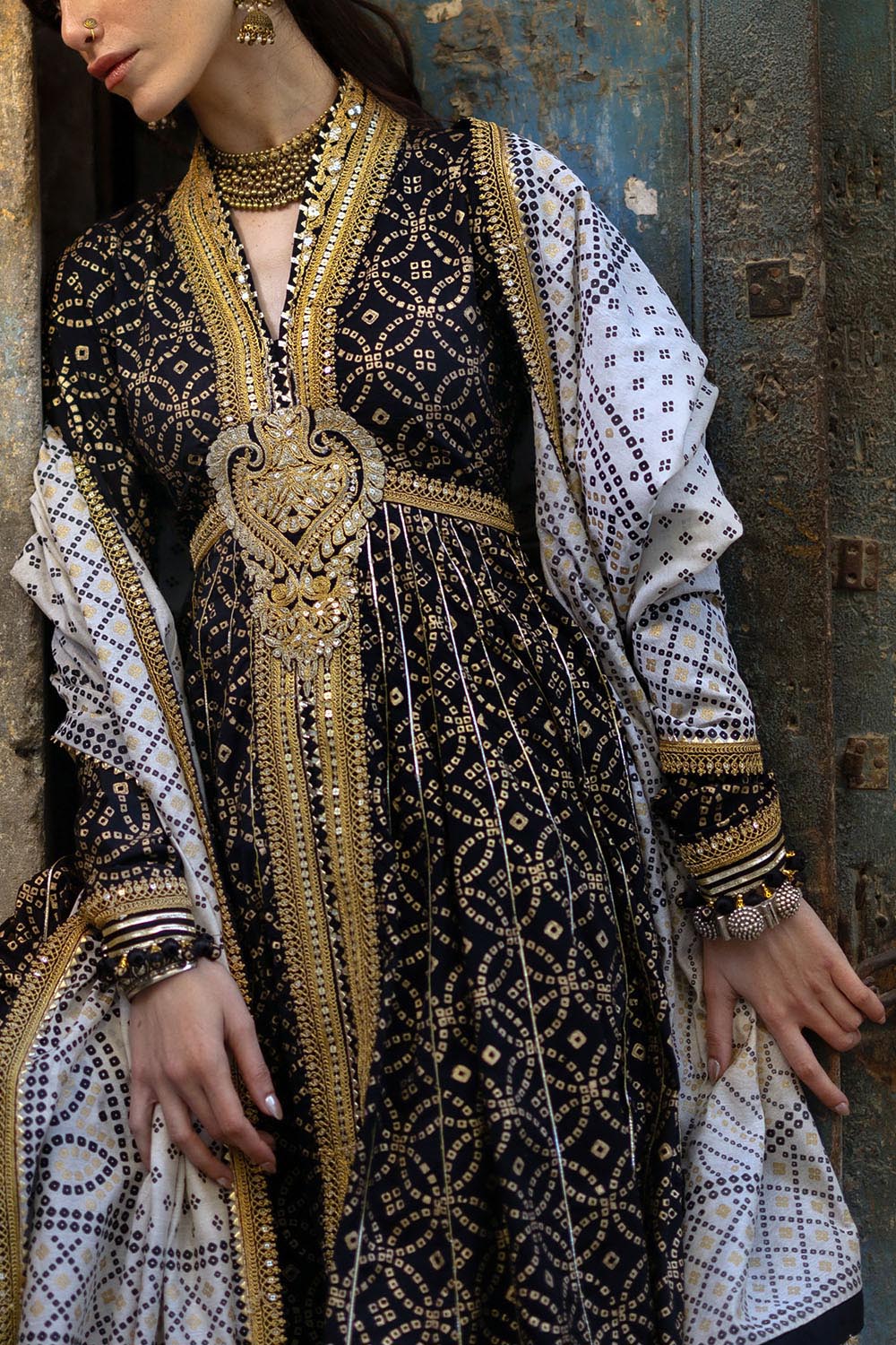 3 Piece Gold Printed Lawn Suit with Gold and Lacquer Printed Mehsuri Dupatta and Dyed Trouser SP-62011