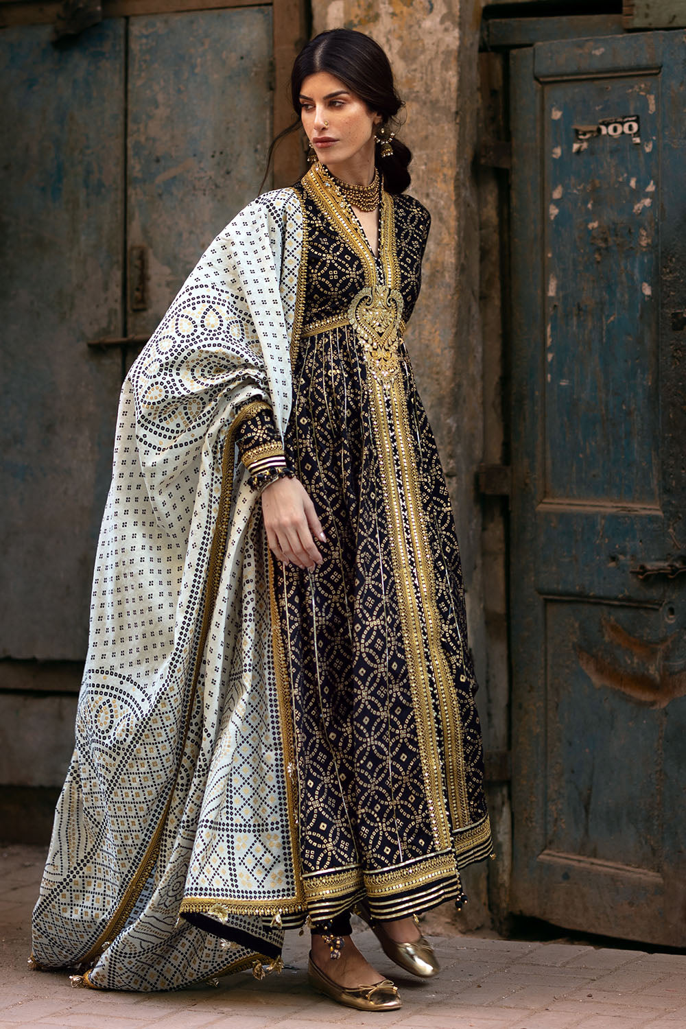 3 Piece Gold Printed Lawn Suit with Gold and Lacquer Printed Mehsuri Dupatta and Dyed Trouser SP-62011