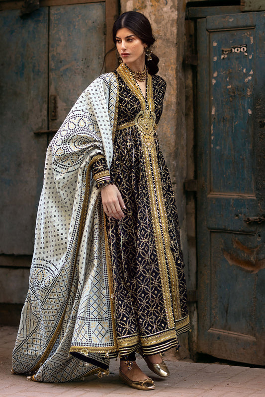 3 Piece Gold Printed Lawn Suit with Gold and Lacquer Printed Mehsuri Dupatta and Dyed Trouser SP-62011