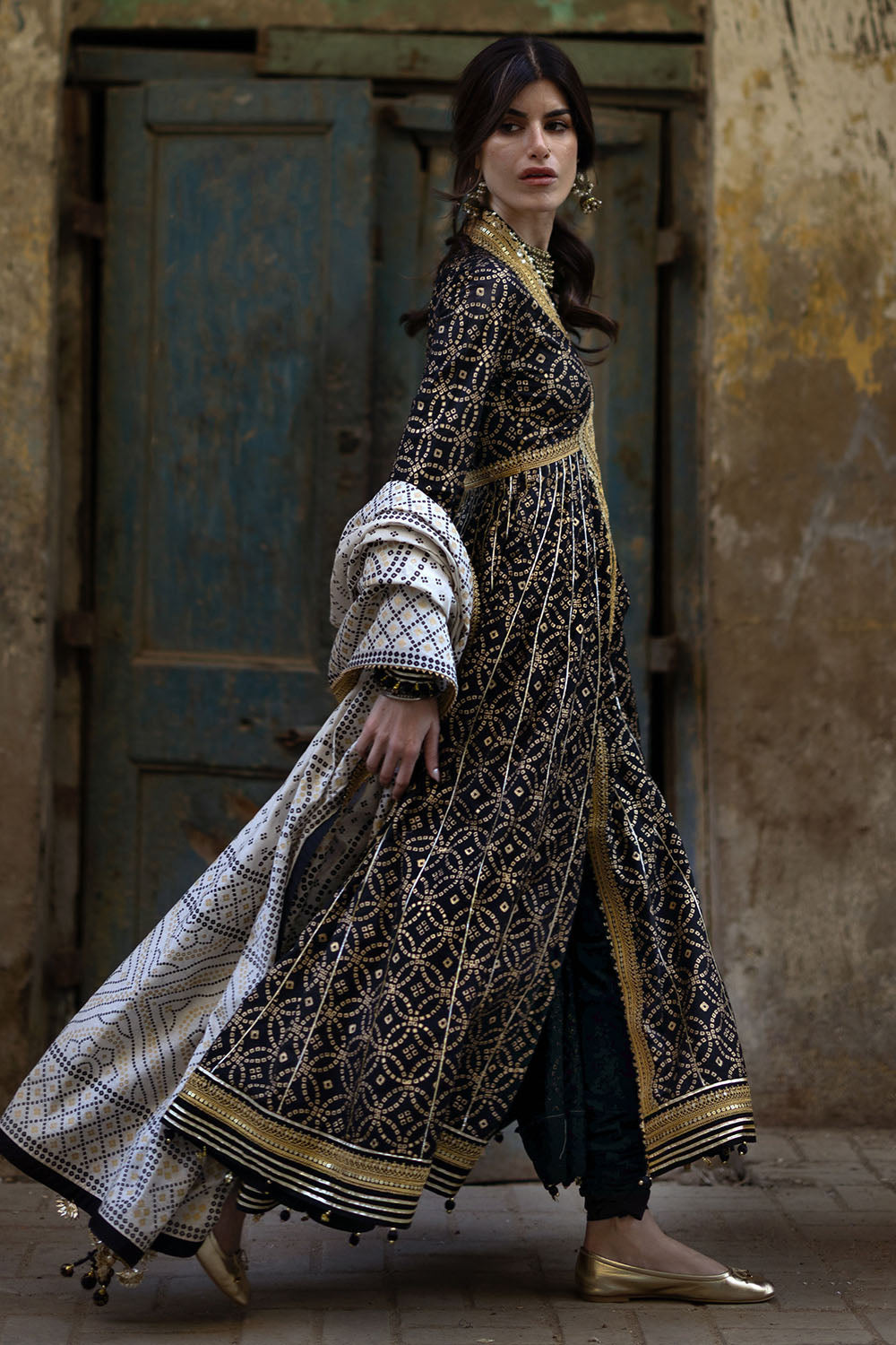 3 Piece Gold Printed Lawn Suit with Gold and Lacquer Printed Mehsuri Dupatta and Dyed Trouser SP-62011