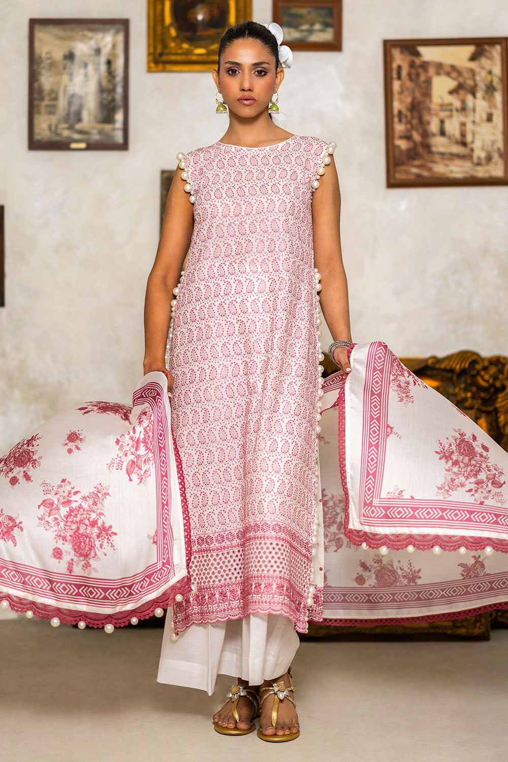 3 Piece Schiffli Embroidered Lawn Suit with Silk Dupatta S-62011