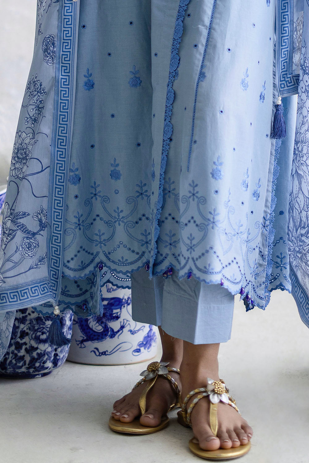 3 Piece Schiffli Embroidered Lawn Suit with Silk Dupatta S-62012
