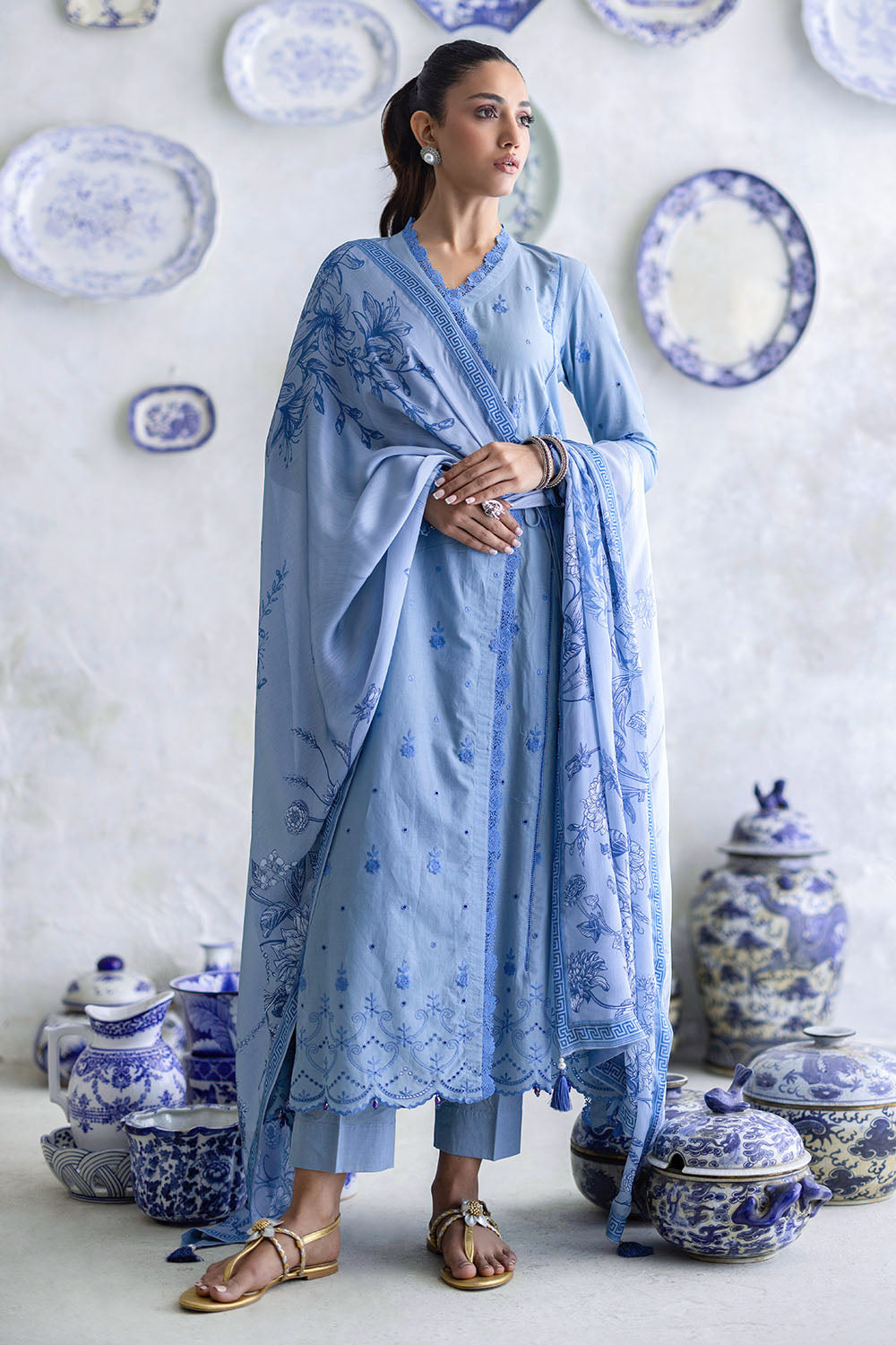3 Piece Schiffli Embroidered Lawn Suit with Silk Dupatta S-62012