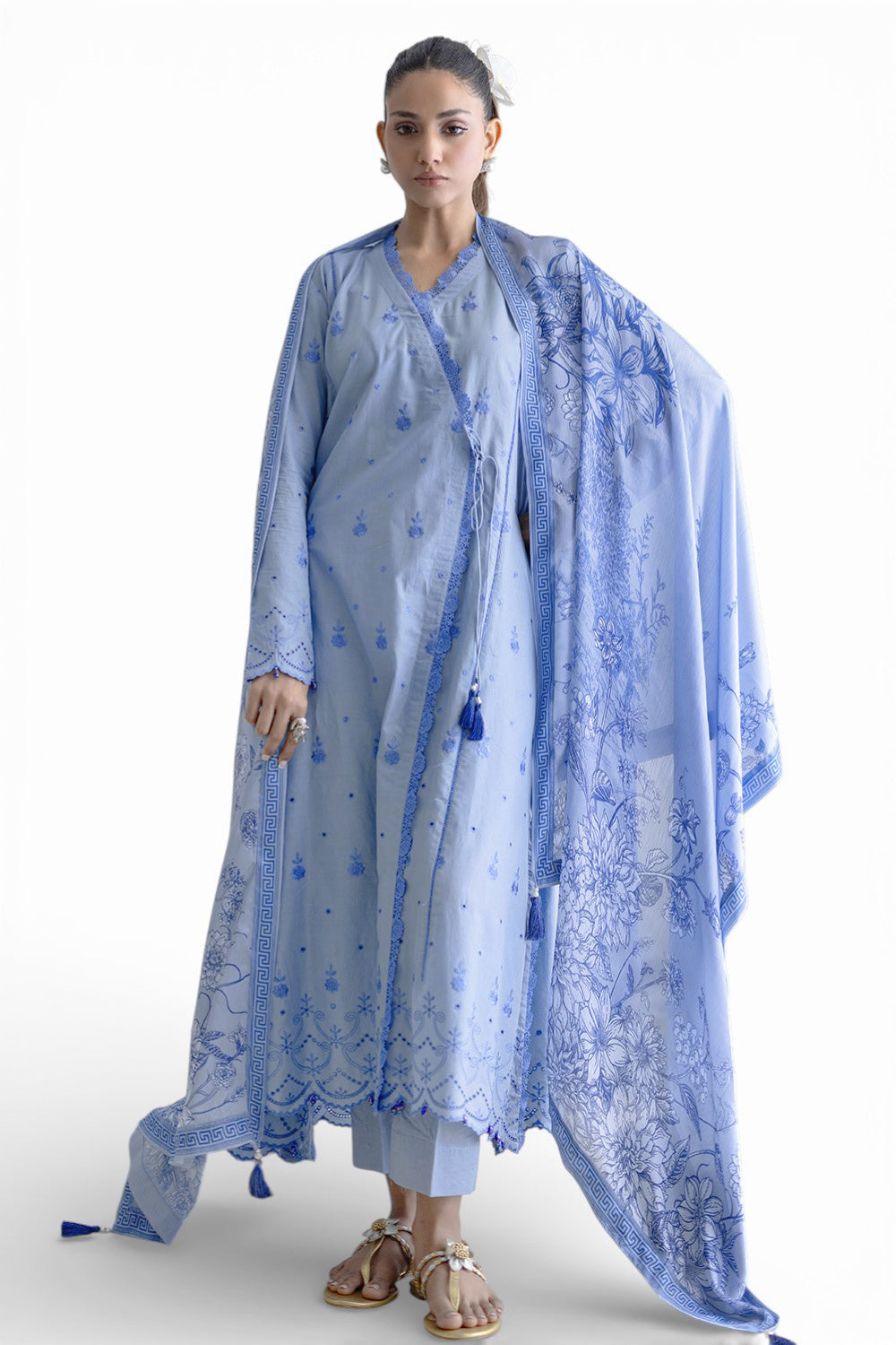 3 Piece Schiffli Embroidered Lawn Suit with Silk Dupatta S-62012