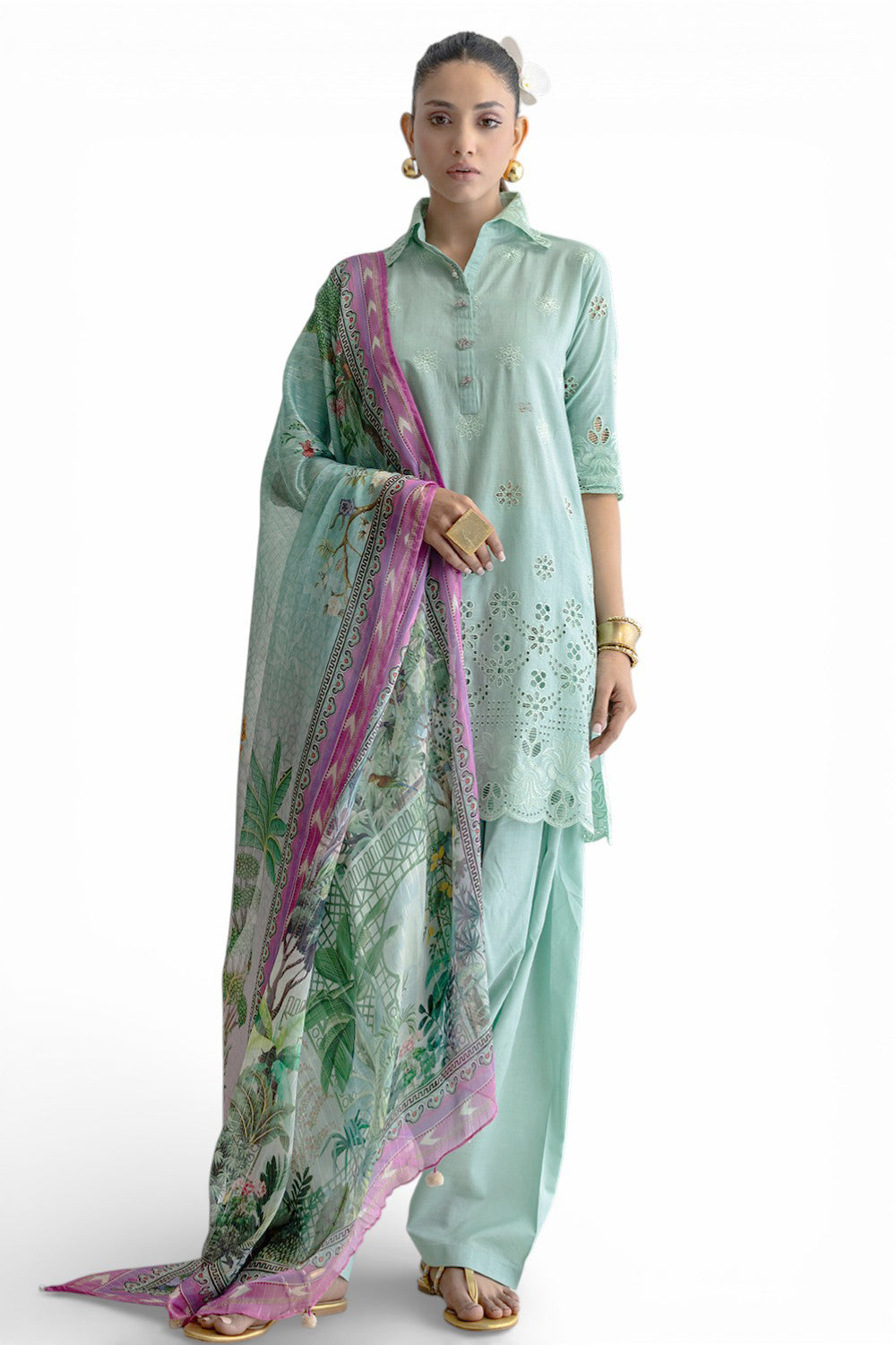3 Piece Schiffli Embroidered Lawn Suit with Silk Dupatta S-62013