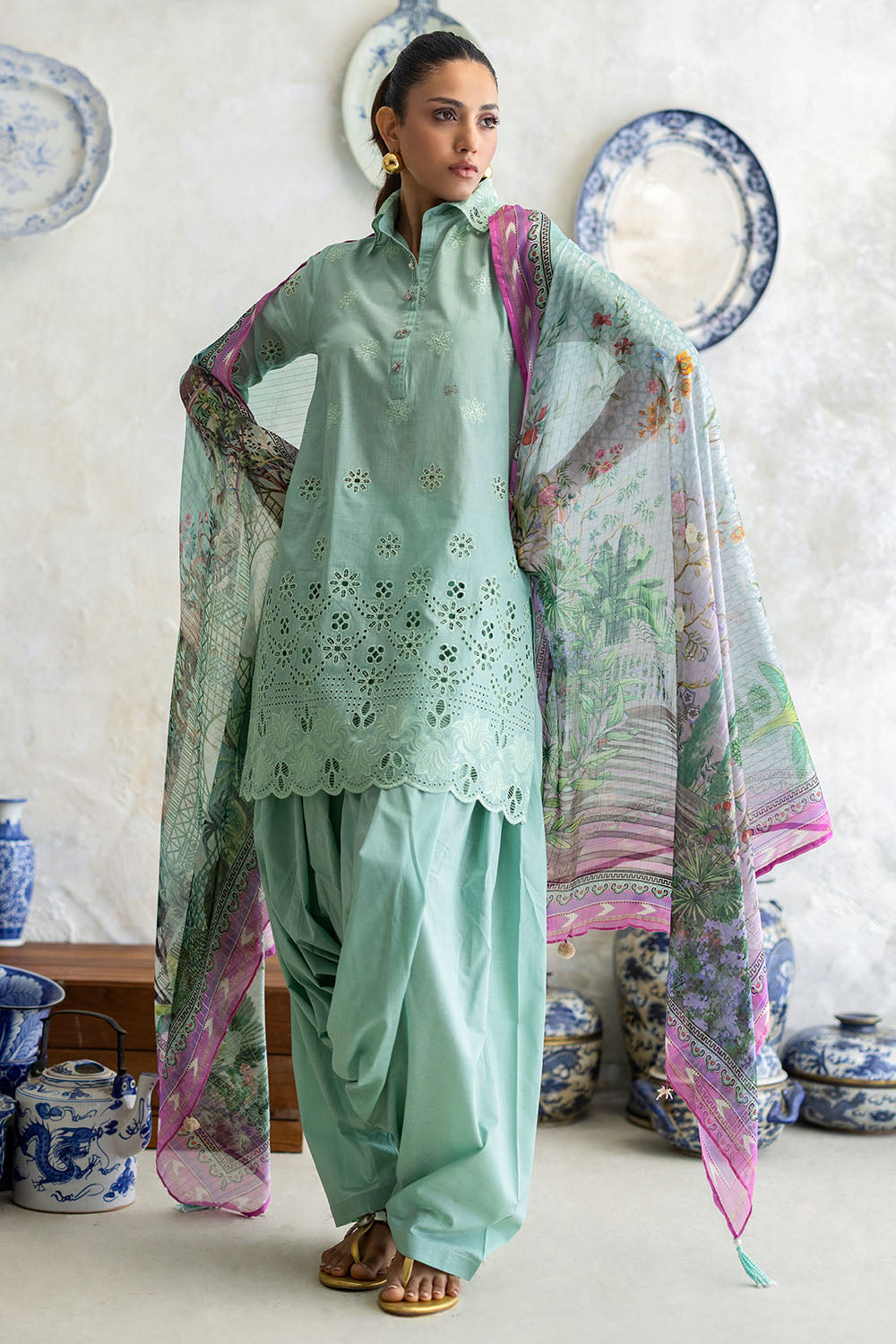 3 Piece Schiffli Embroidered Lawn Suit with Silk Dupatta S-62013