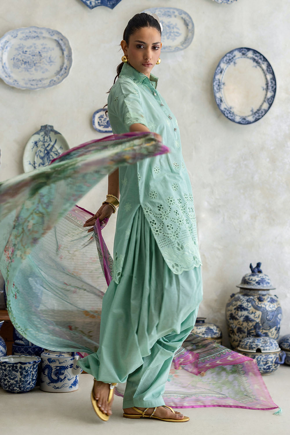 3 Piece Schiffli Embroidered Lawn Suit with Silk Dupatta S-62013