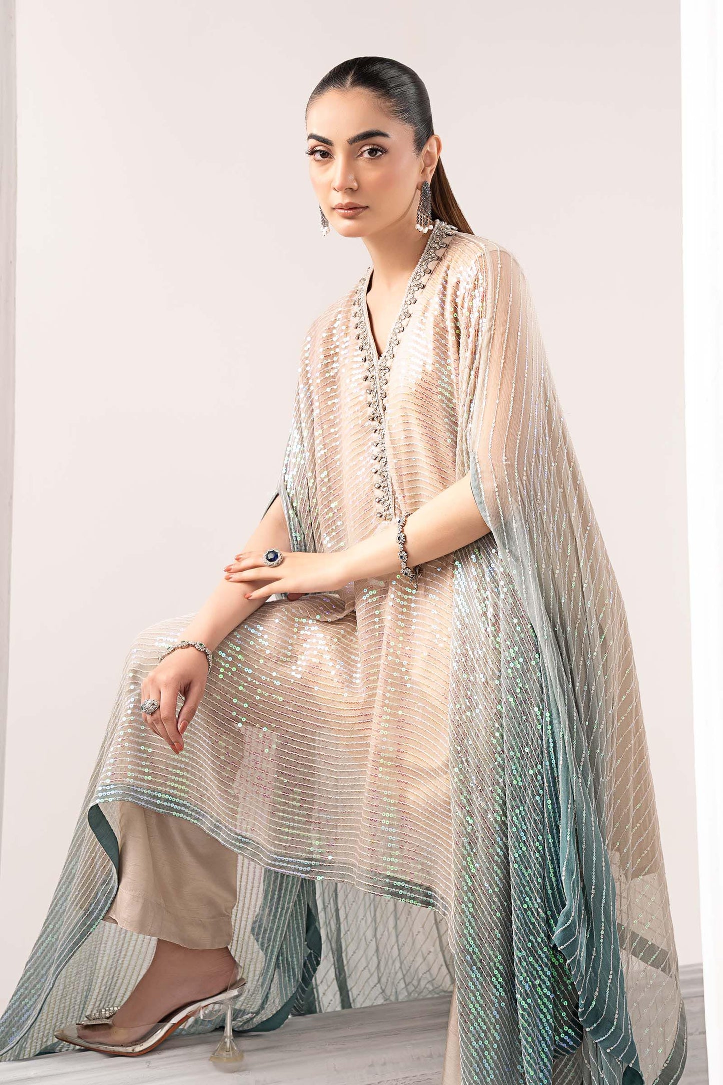 3 Piece Embroidered Chiffon Suit (Beige and Green)