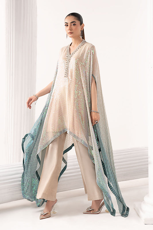 3 Piece Embroidered Chiffon Suit (Beige and Green)