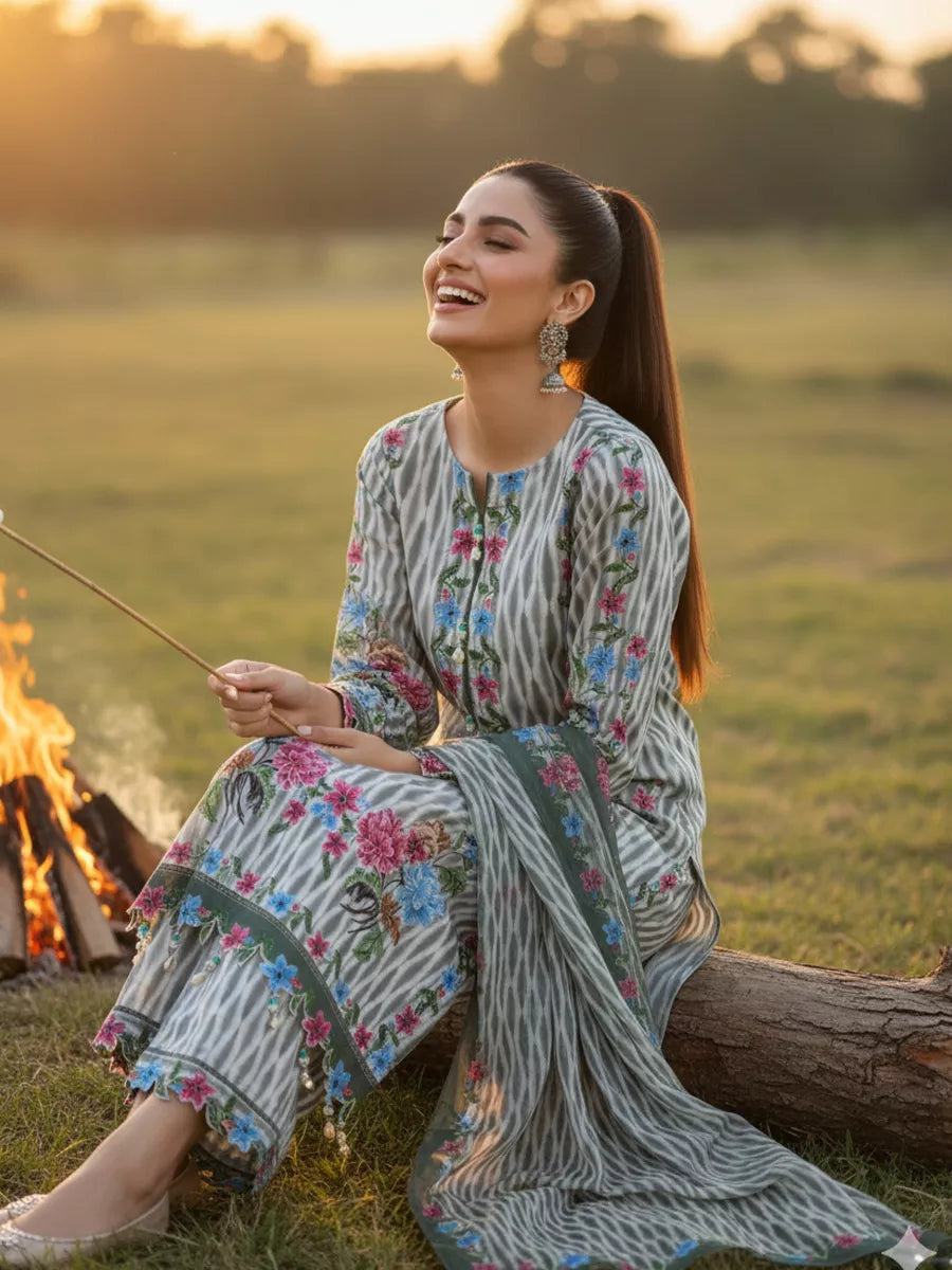 3PC Unstitched Printed Silk Lawn Suit (SUNS7ASI321)