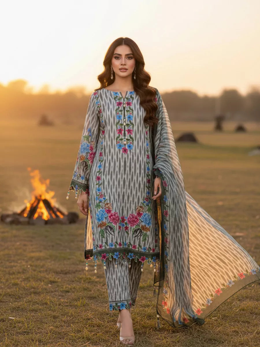 3PC Unstitched Printed Silk Lawn Suit (SUNS7ASI321)
