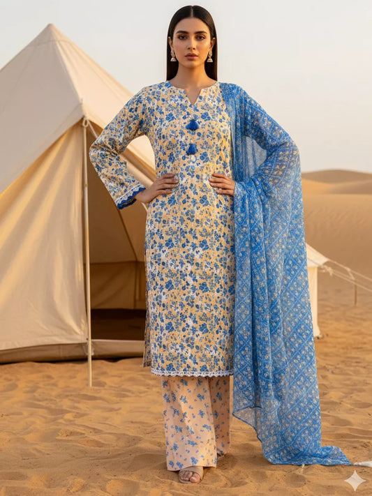 3PC Unstitched Printed Silk Lawn Suit (SUNS7ASI320)