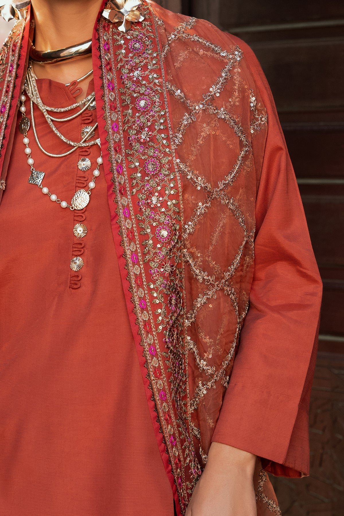 3-PC EMBROIDERED RAW-SILK SUIT CMA-5-140