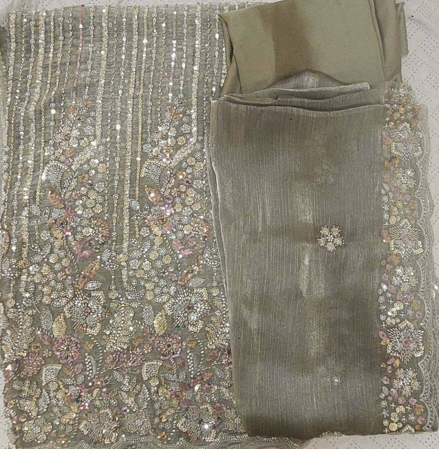 Olive Green Multi Cutdana - Sheesha Silk