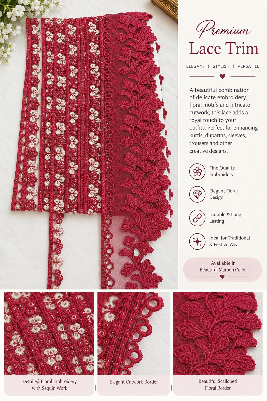 Premium Scalloped Lace-Red