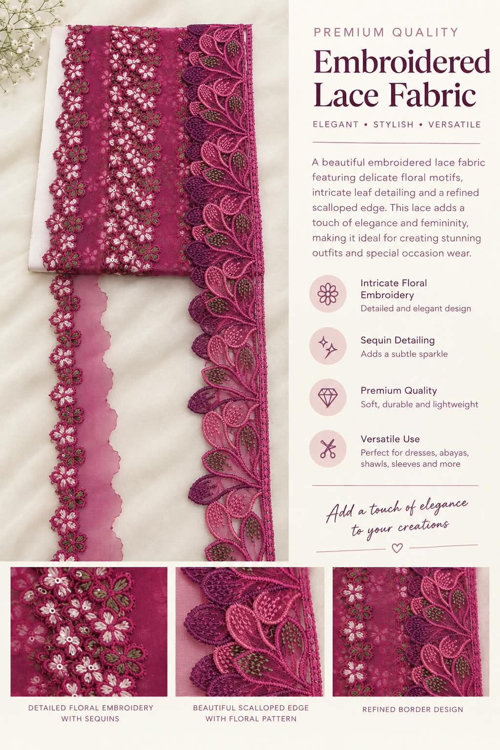 Premium Scalloped Lace- Magenta