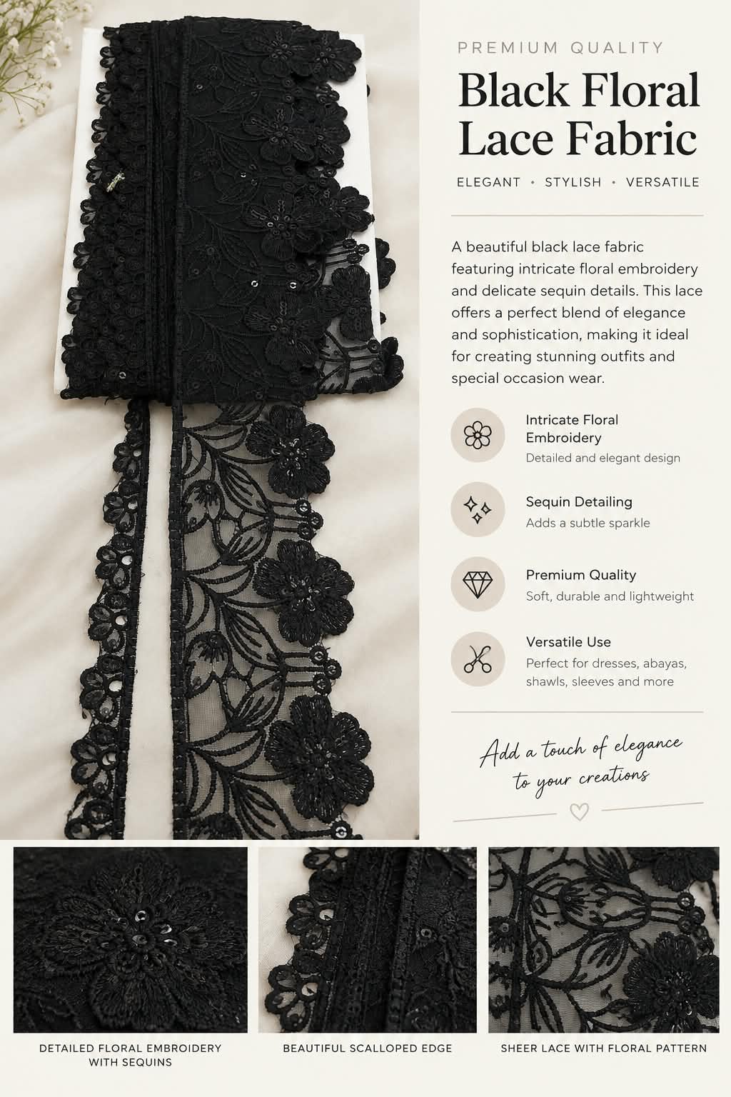 Premium Scalloped Lace- Black