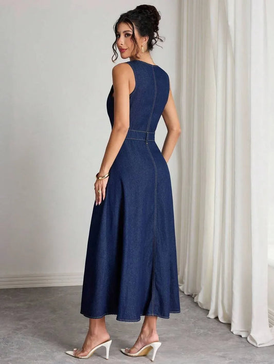 Casual Sleeveless V-Neck Button Front Washed Long Denim Dress With Pockets