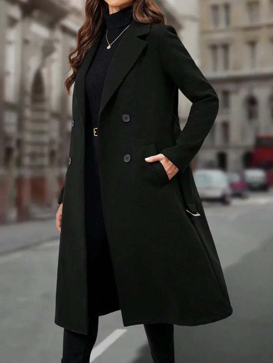 Lapel Collar Double-breasted Woolen Coat - Black