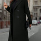 Lapel Collar Double-breasted Woolen Coat - Black