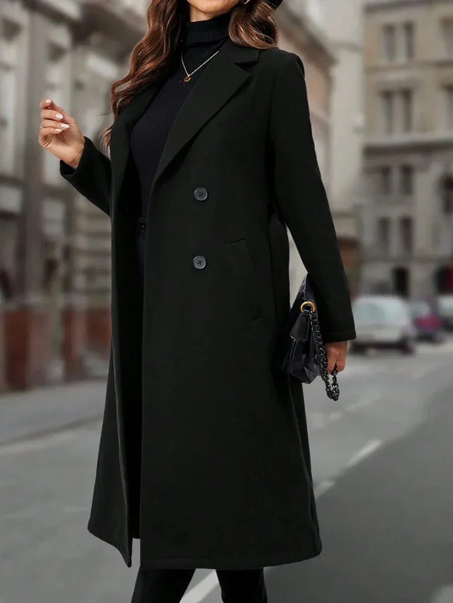 Lapel Collar Double-breasted Woolen Coat - Black
