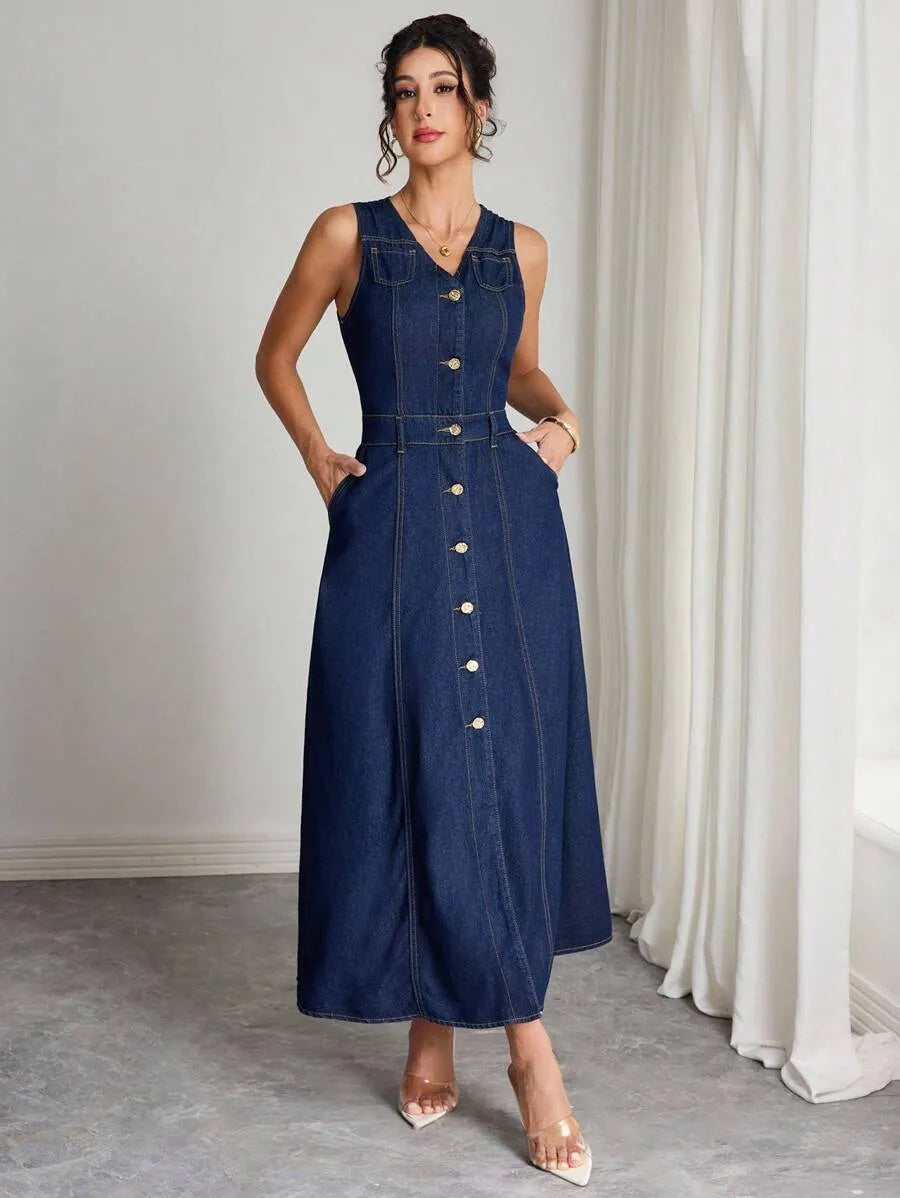 Casual Sleeveless V-Neck Button Front Washed Long Denim Dress With Pockets