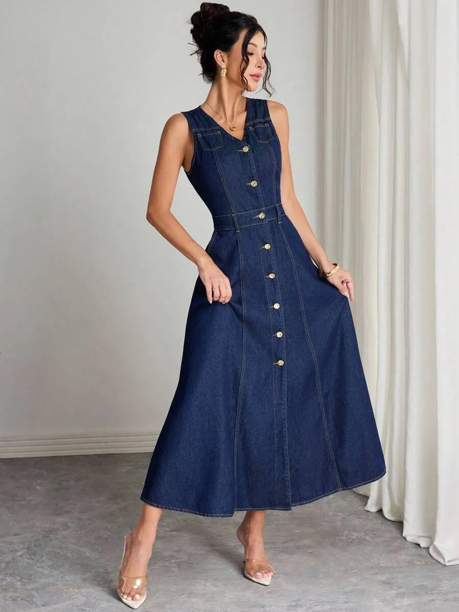 Casual Sleeveless V-Neck Button Front Washed Long Denim Dress With Pockets