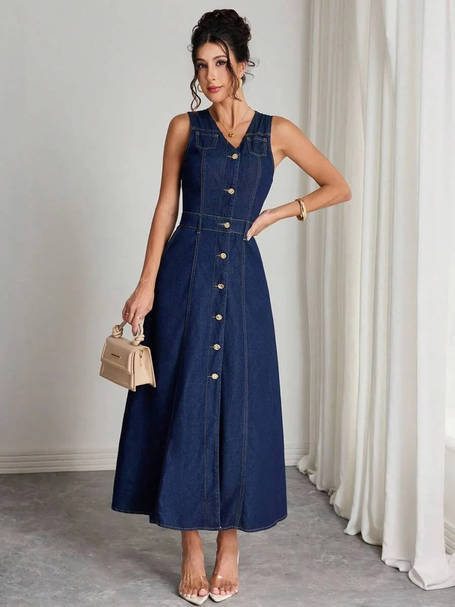 Casual Sleeveless V-Neck Button Front Washed Long Denim Dress With Pockets