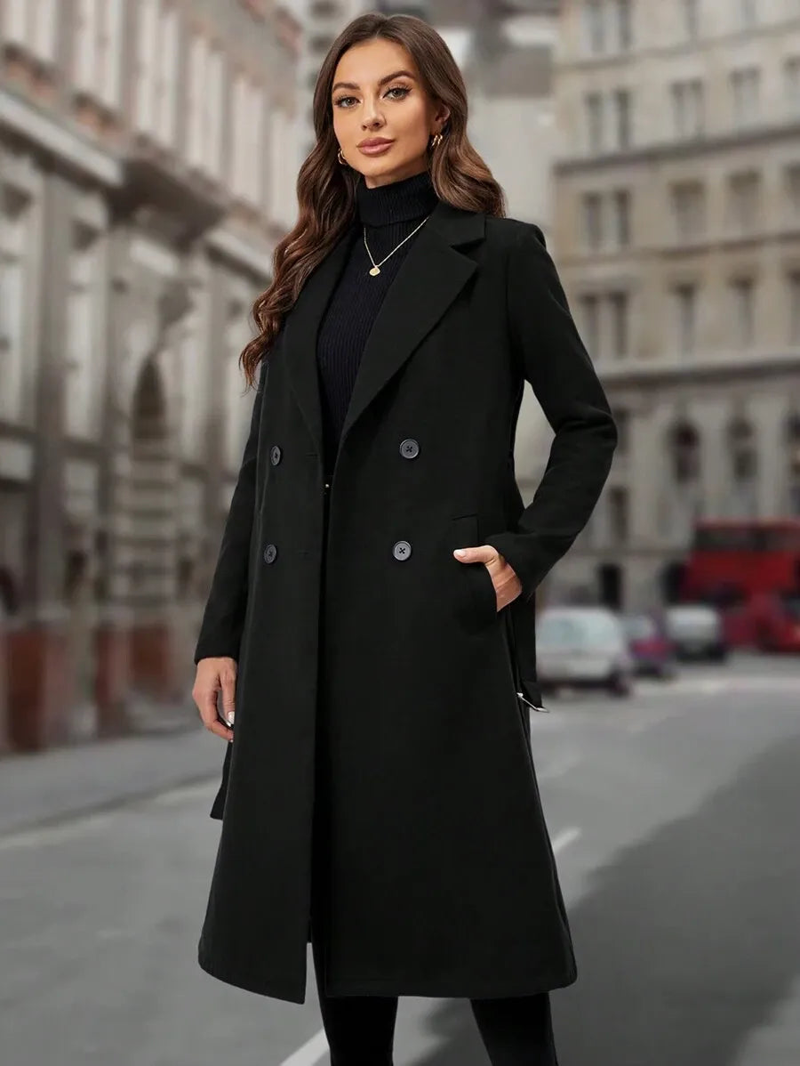 Lapel Collar Double-breasted Woolen Coat - Black