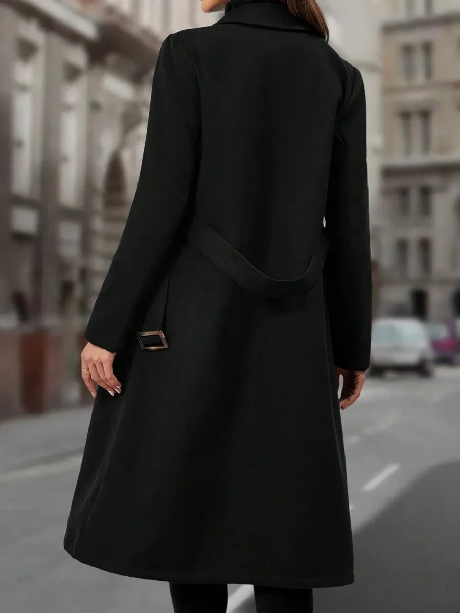 Lapel Collar Double-breasted Woolen Coat - Black