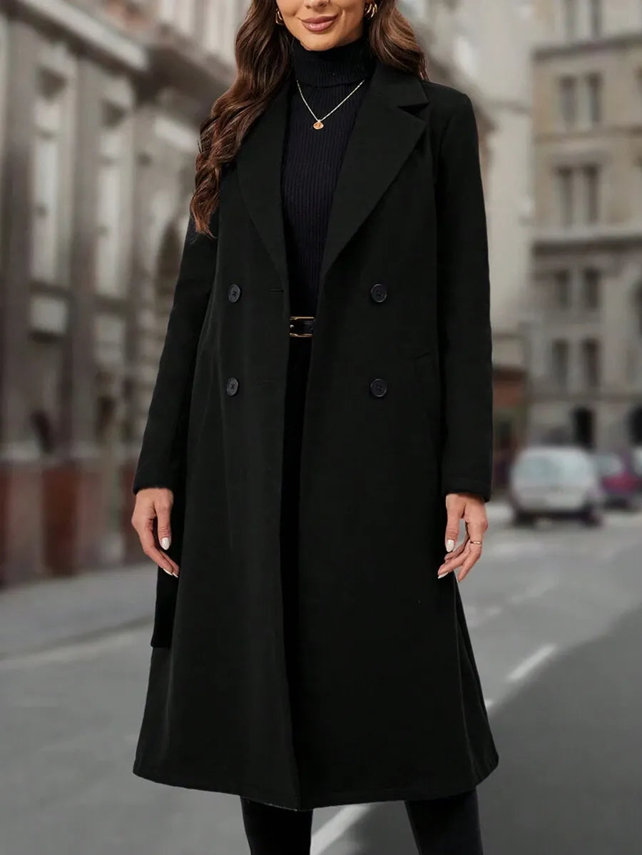 Lapel Collar Double-breasted Woolen Coat - Black