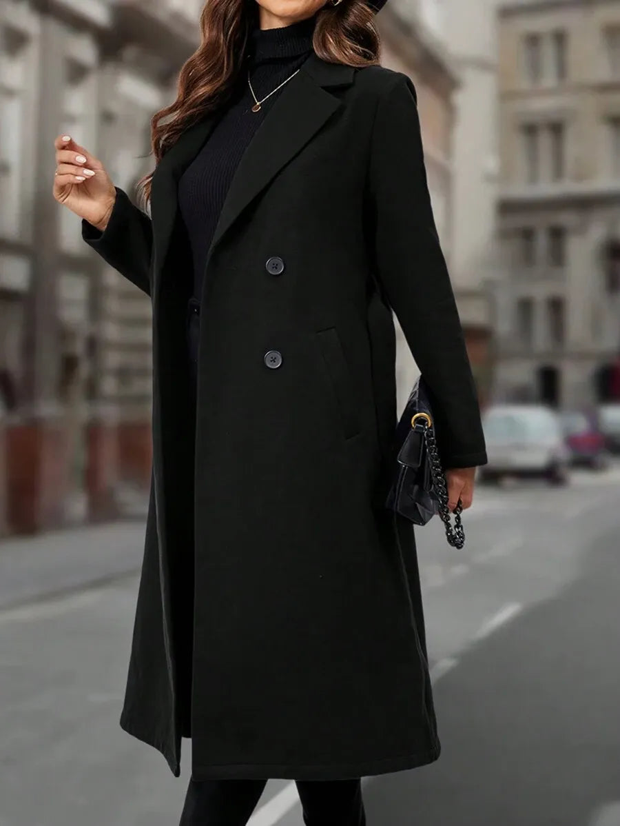 Lapel Collar Double-breasted Woolen Coat - Black