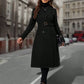 Lapel Collar Double-breasted Woolen Coat - Black