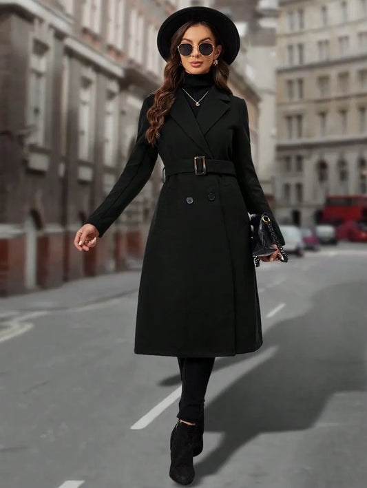 Lapel Collar Double-breasted Woolen Coat - Black