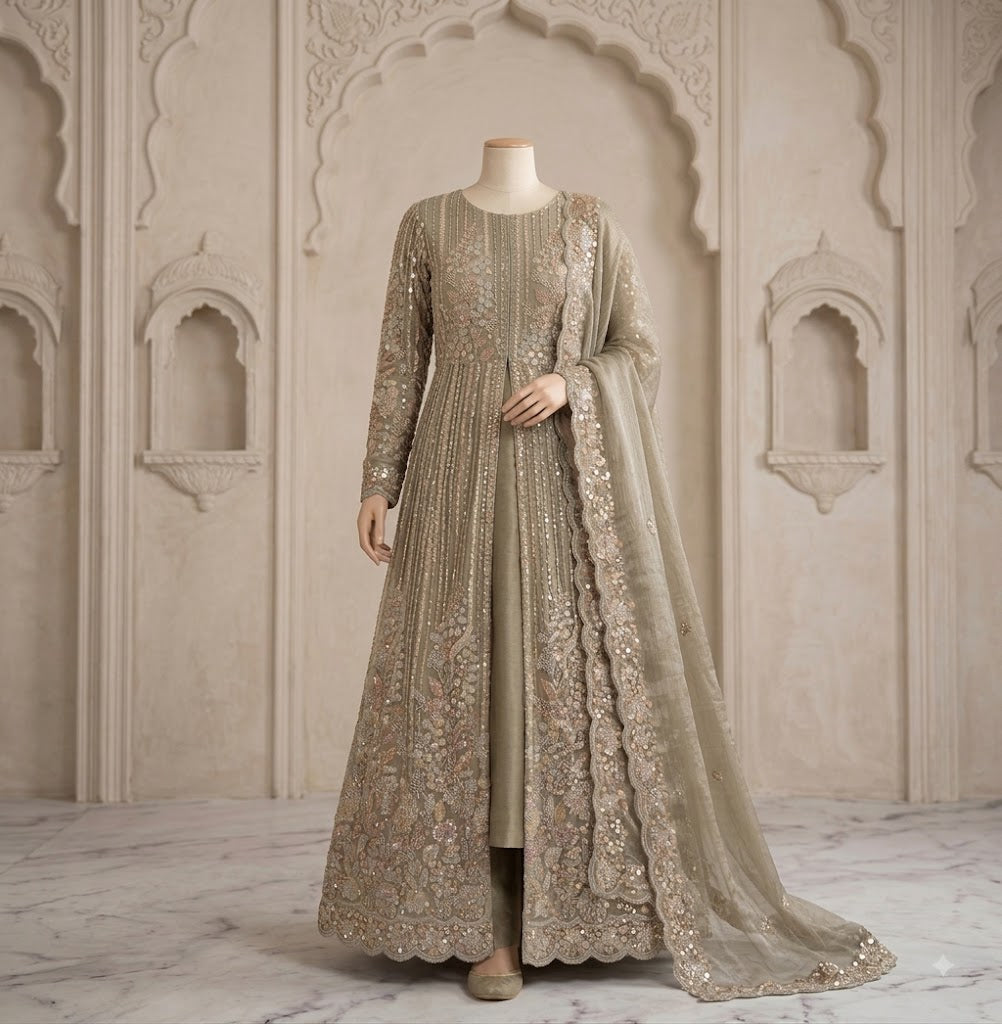 Olive Green Multi Cutdana - Sheesha Silk