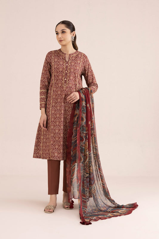 3 Piece - Printed Cambric Suit - Maroon