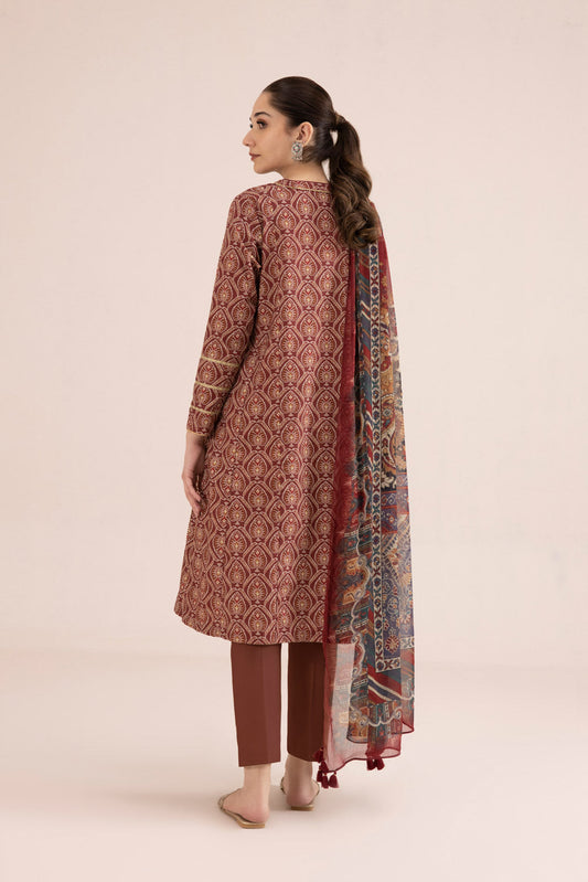 3 Piece - Printed Cambric Suit - Maroon
